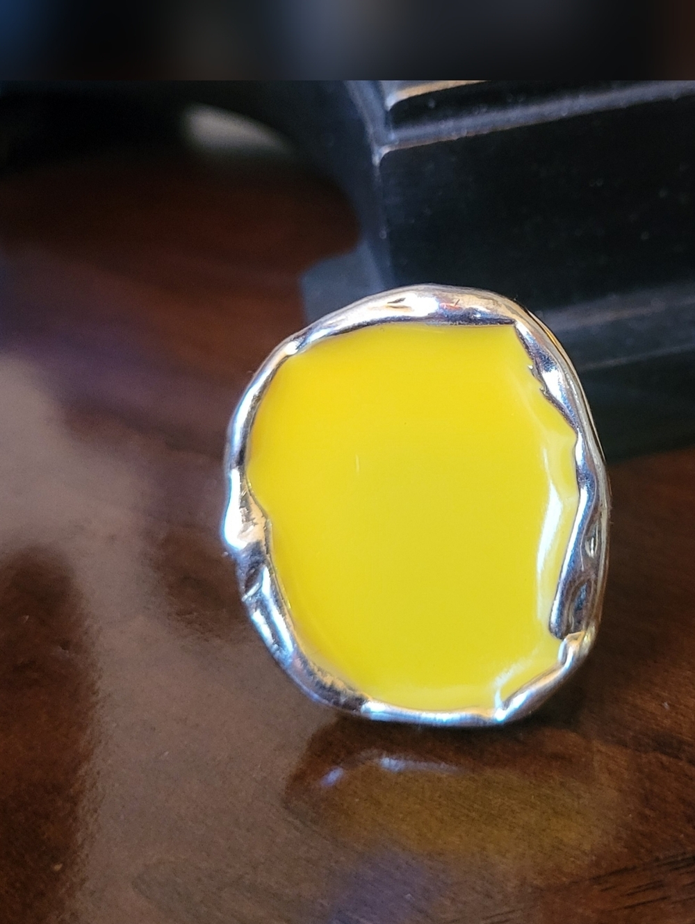 Bold Yellow Resin Statement Ring with Silver-Tone Frame